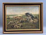 tableau représentant un homme avec un parapluie et un troupeau de moutons dans un champ