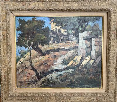 an image of a painting of a house on a hill