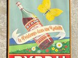 peinture représentant une bouteille de byrrh et un papillon sur un mur de pierre