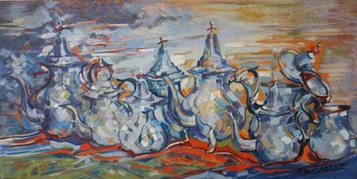 a painting of a group of teapots on a table
