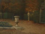 un tableau représentant un jardin avec une statue en arrière-plan