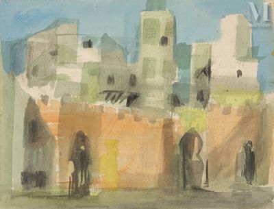 une peinture d'un bâtiment avec une tour d'horloge en arrière-plan