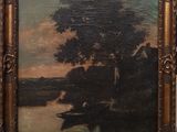 une peinture à l'huile représentant un bateau sur une rivière, avec un arbre en arrière-plan