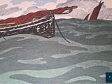 a painting of a man in a boat on the water
