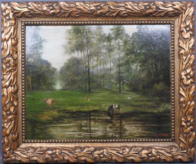 une peinture à l'huile représentant des vaches paissant dans un champ au bord d'un ruisseau