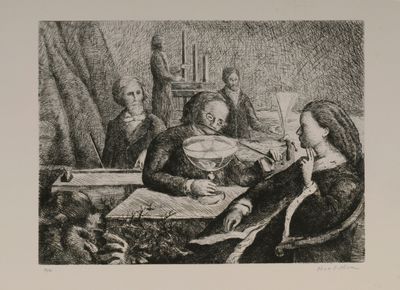drawing of a group of people sitting around a table playing instruments