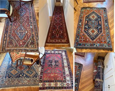 four different pictures of a hallway with a chair and a rug on the floor