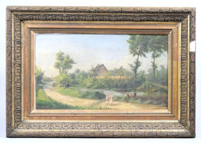 École du XIXe siècle Paysage de campagne animé à la rivière