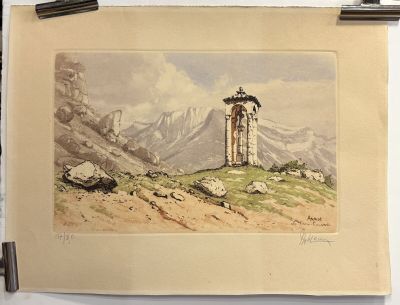 a picture of a painting of a tower on a hill