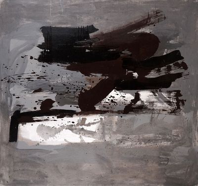 peinture abstraite représentant une personne assise sur un banc dans une pièce sombre