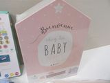 a pink box with a picture of a baby next to it