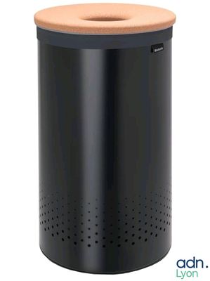 a close up of a black trash can with a wooden lid