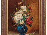 an oil painting of a vase of flowers on a table