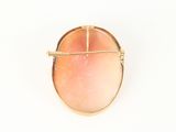 a close up of a gold broochle with a pink stone in it