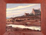 une peinture à l'huile représentant une scène de plage avec une maison en arrière-plan