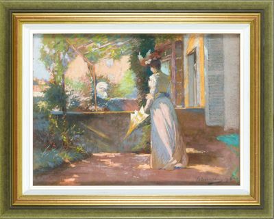 une image représentant un tableau où l'on voit une femme tenant un parapluie jaune
