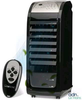 an image of a black and silver air conditioner with a remote control