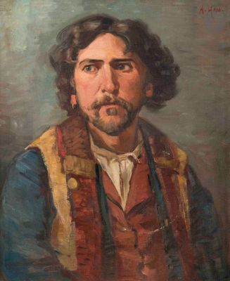 tableau représentant un homme barbu portant un gilet rouge