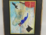 tableau représentant un homme tenant un couteau à la main, avec un oiseau en arrière-plan