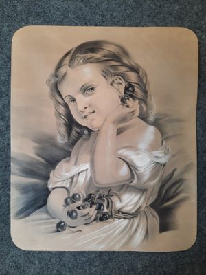 painting of a young girl in a white dress holding a basket of berries