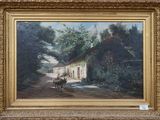 an image of a painting of a horse drawn carriage on a country road