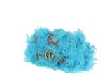 blue feathered bracelet with a double g logo on the front
