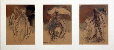 trois dessins représentant une femme avec un parapluie et un homme avec un chapeau
