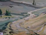 a painting of a dirt road in the middle of a field