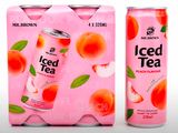 two cans of iced tea with peachs on a pink background