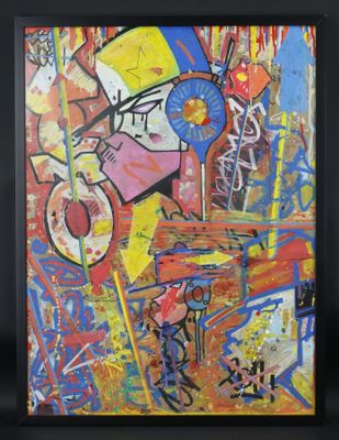 peinture abstraite représentant une œuvre aux couleurs et formes variées sur fond noir