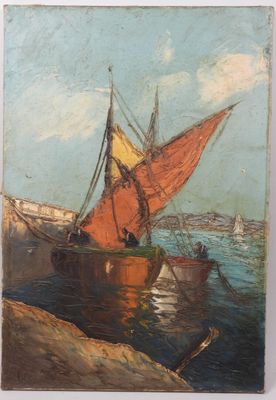 l'image d'une peinture représentant un bateau sur un plan d'eau