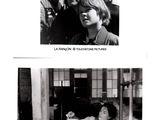 two black and white photos of a man and a woman sitting at a table