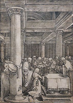 an engraving of a drawing of a group of people sitting around a table