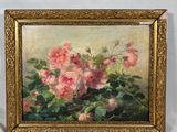 tableau représentant des fleurs roses dans un cadre doré sur fond blanc