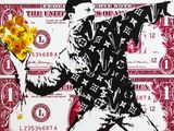 tableau représentant un homme tenant un bouquet de fleurs posé sur un billet de banque