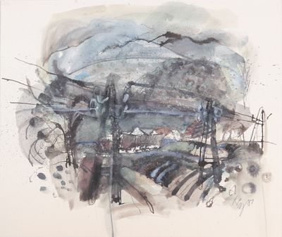 dessin représentant un tableau d'un pont enjambant un plan d'eau