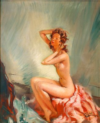 une peinture à l'huile représentant une femme assise sur un lit, vêtue d'une robe rose