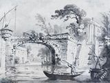 a drawing of a boat going under a bridge