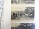 four pictures of people riding horses in the field
