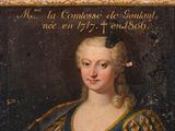 painting of a woman in a blue dress with a gold trim