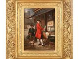 un tableau représentant un homme vêtu d'un manteau rouge, debout à côté d'un chien