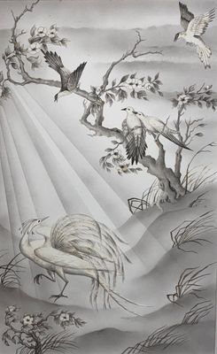 a picture of a painting of birds in a field