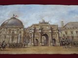 an image of a painting of a building with people on horses in front of it