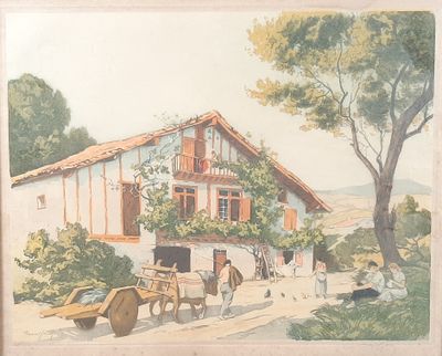 a painting of a farm scene with a horse drawn carriage