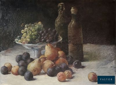 un tableau représentant une corbeille de fruits et une bouteille de vin