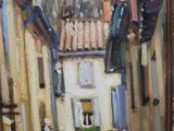 an oil painting of a street scene with people walking down the street