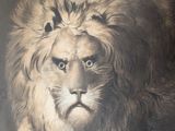 a picture of a painting of a lion with a bird on its head
