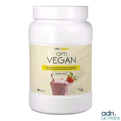 opt vegan powdered protein drink with strawberry and banana flavor