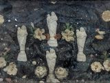 a picture of a group of statues with flowers in the background