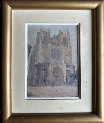 une photo d'un tableau représentant un bâtiment, dans un cadre doré